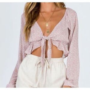 Princess Polly 6 Floral pink crop peplum front tie long sleeve top